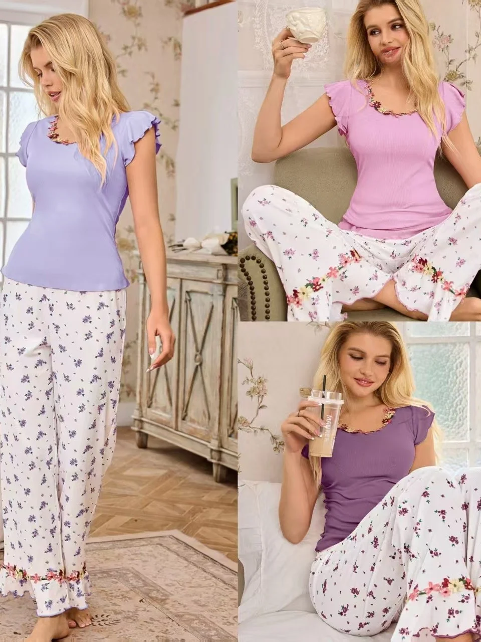 Sexy Floral Print Long Sleeve Top And Pants Set Home Clothes Floral Print Short Sleeve round Neck Home Comfortable Clothing
Sexy Floral Print Long Sleeve Top And Pants Set Home Clothes Floral Print Short Sleeve round Neck Home Comfortable Clothing
