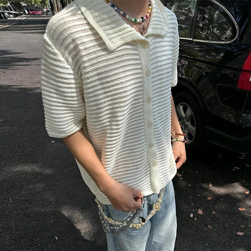 

New Summer Y2K Mens Shirt Knit Solid Color Lapel Buttoned Short Sleeve Knitted Shirt Streetwear Men Vintage Hollow Out Cardigans