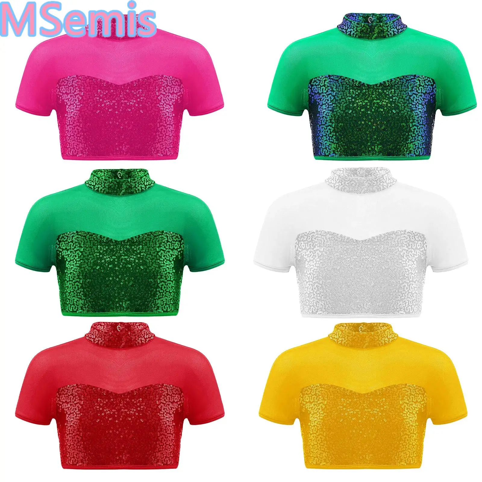 Girls Shiny Sequin Jazz Dance Costume Set Mock Neckline Short Sleeve Mesh Crop Top with Skirt Ice Skating Cheerleading Dancewear
Girls Shiny Sequin Jazz Dance Costume Set Mock Neckline Short Sleeve Mesh Crop Top with Skirt Ice Skating Cheerleading Dancewear