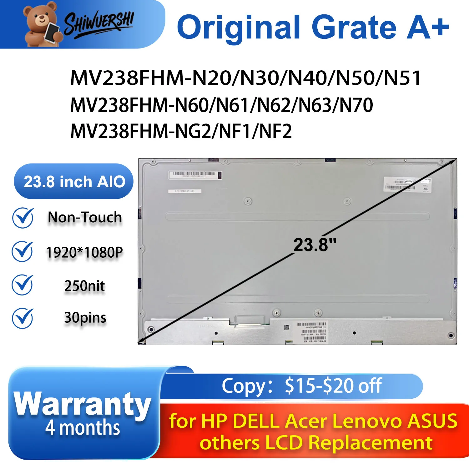 Новый оригинальный Sceen 23,8-дюймовый ЖК-дисплей, замена панели MV238FHM N20 N30 N40 N50 N51 N60 N61 N62 N63 N70 NG2 NF1 NF2 
Новый оригинальный Sceen 23,8-дюймовый ЖК-дисплей, замена панели MV238FHM N20 N30 N40 N50 N51 N60 N61 N62 N63 N70 NG2 NF1 NF2