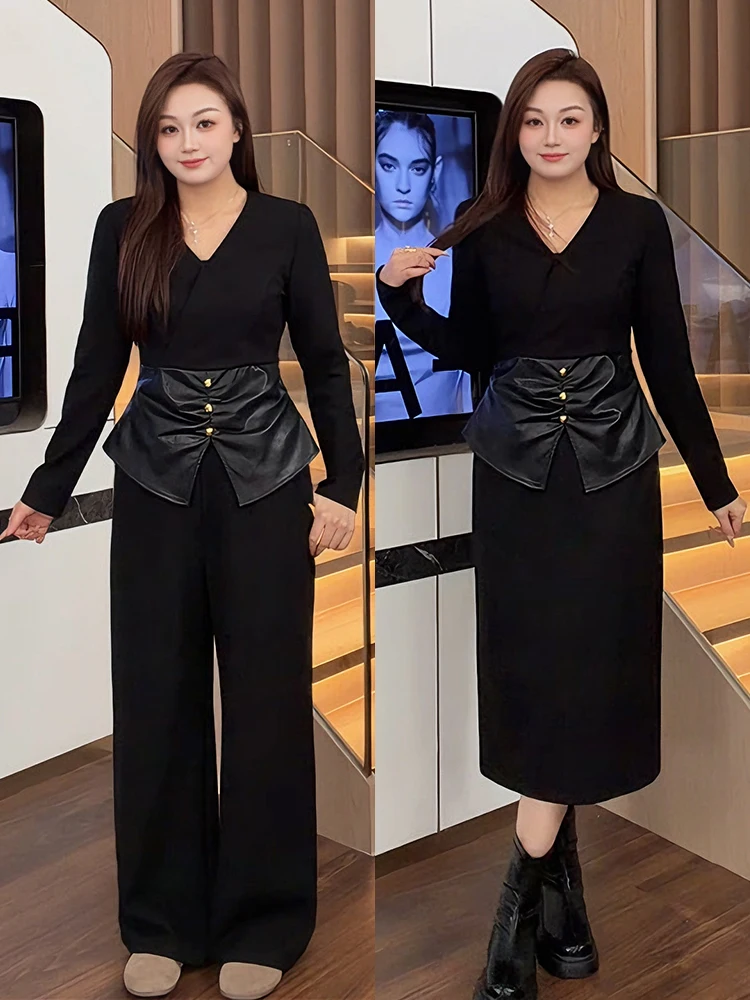 Ele plus Size Women's Faion Set with Patchwork Leather Inner Top High Waist Skirt And Long Pants for Winter Season
Ele plus Size Women's Faion Set with Patchwork Leather Inner Top High Waist Skirt And Long Pants for Winter Season