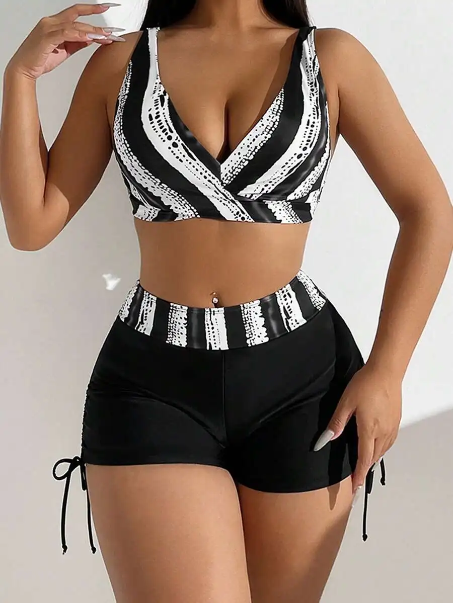 Womens Black And White Striped Print V-Neck Tankini Swimsuit With High Waist Shorts
Womens Black And White Striped Print V-Neck Tankini Swimsuit With High Waist Shorts