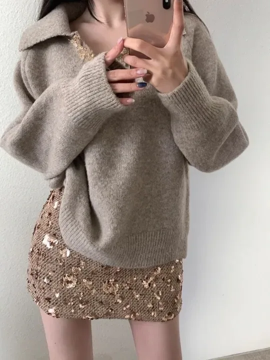 Korean Sle Sweater Outerwear Women's Retro Unique Top High-End Knitted irt Trendy Autumn Faion Ladies' Premium Knitwear 
Korean Sle Sweater Outerwear Women's Retro Unique Top High-End Knitted irt Trendy Autumn Faion Ladies' Premium Knitwear