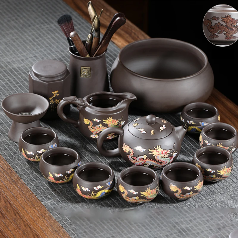When the heat change purple sand kung fu tea set Longfeng Chengxiang set of tea infuser original clay teapot teacup set
When the heat change purple sand kung fu tea set Longfeng Chengxiang set of tea infuser original clay teapot teacup set