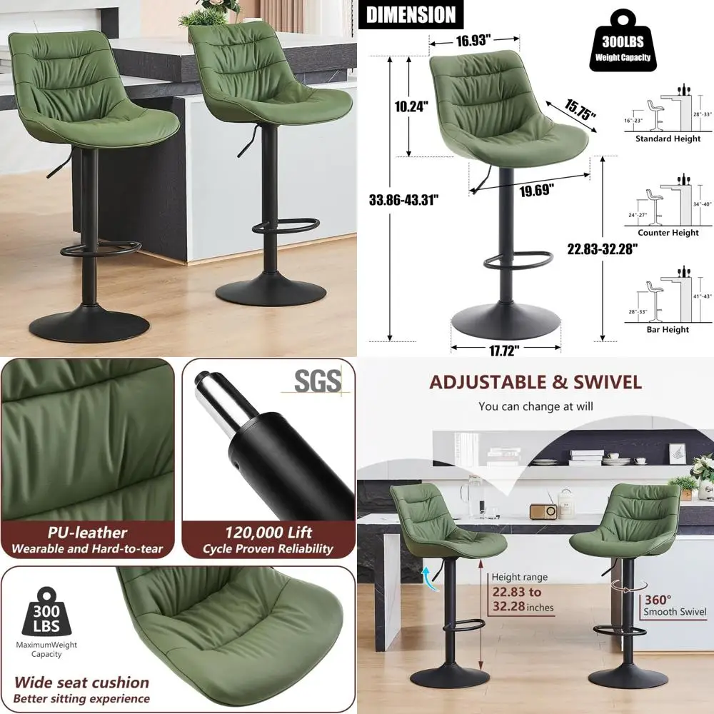 Adjustable Swivel Green PU Leather Bar Stools Set of 2 with Back Support, Modern Counter Height for Kitchen or Dining Area
Adjustable Swivel Green PU Leather Bar Stools Set of 2 with Back Support, Modern Counter Height for Kitchen or Dining Area