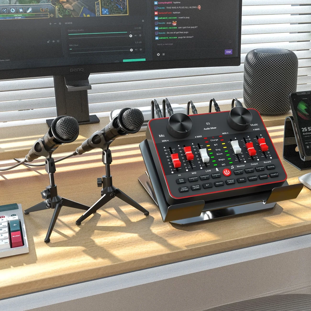 Tenlamp Live Sound Card 6 Channel Audio Mixer with Two 3.5mm Condenser Microphone, Professional Podcast Influencer KOL Singing Gaming DJ Mixing Station Controller Equipment
Tenlamp Live Sound Card 6 Channel Audio Mixer with Two 3.5mm Condenser Microphone, Professional Podcast Influencer KOL Singing Gaming DJ Mixing Station Controller Equipment