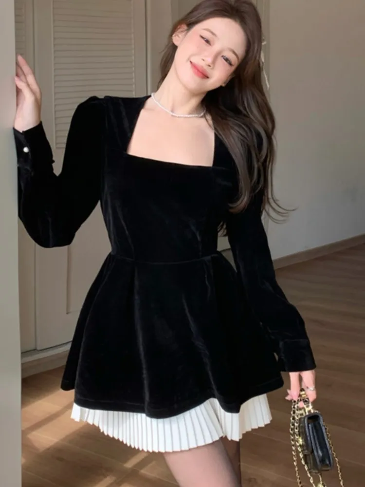 Elegant Velvet Mini Dress Women Long Sleeve Square Collar Patchwork A-line Birthday Party Vestidos High Waist Female Dresses New
Elegant Velvet Mini Dress Women Long Sleeve Square Collar Patchwork A-line Birthday Party Vestidos High Waist Female Dresses New