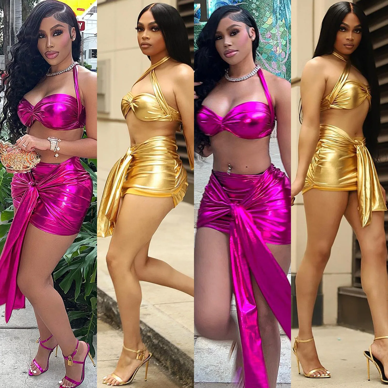 Summer Streetwear 2 Two Peice Set Women Outfits 2023 Sleeveless Halter Corp Top Bandage Skirts Gold Matching Sets Female
Summer Streetwear 2 Two Peice Set Women Outfits 2023 Sleeveless Halter Corp Top Bandage Skirts Gold Matching Sets Female