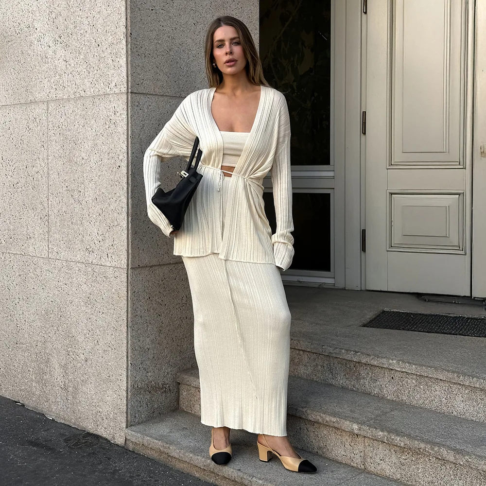 Ribbed Autumn 3 Piece Sets Solid Color Knit Camisole Belted Long Sleeve Cardigan For Lady Casual Female's Maxi Bodycon Skirts
Ribbed Autumn 3 Piece Sets Solid Color Knit Camisole Belted Long Sleeve Cardigan For Lady Casual Female's Maxi Bodycon Skirts