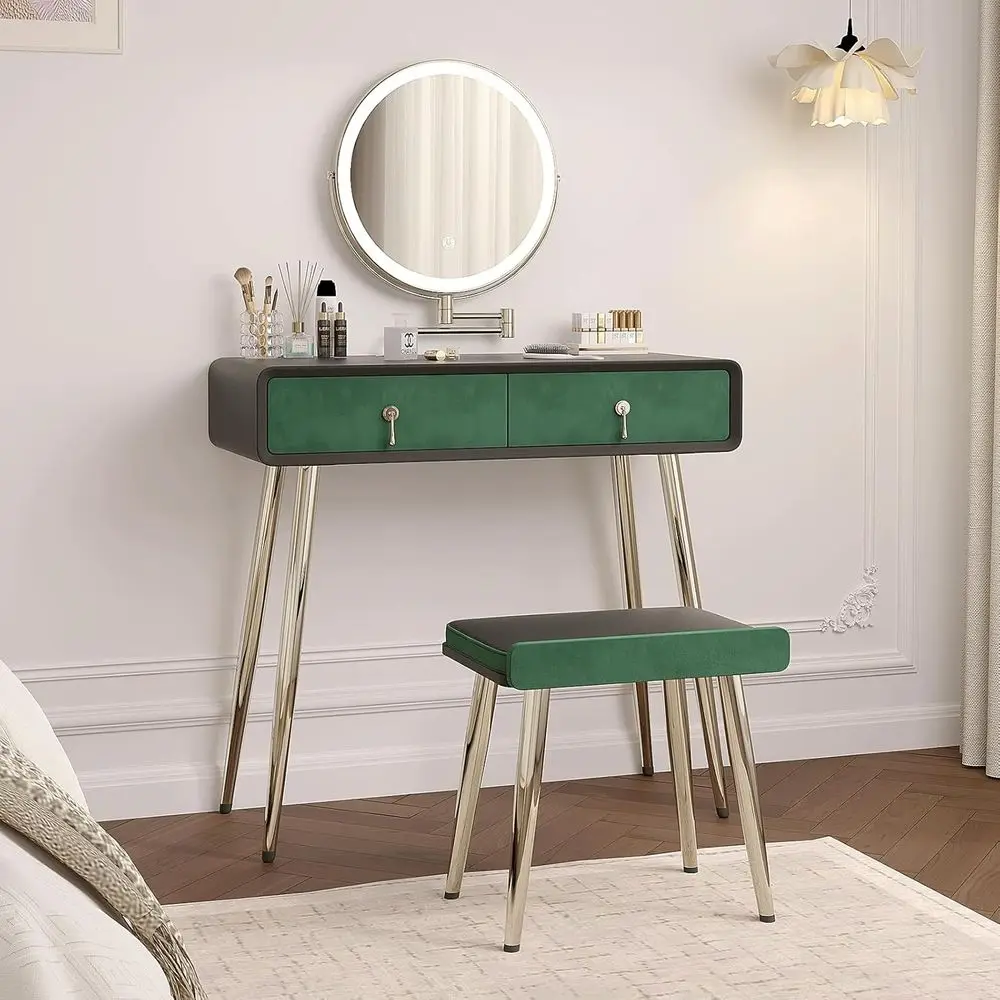 Easy Assembly Makeup Vanity Desk Set with 360° LED Mirror & Stool, 2-Der Dring Table with Solid Wood e and Microiber Leather, er
Easy Assembly Makeup Vanity Desk Set with 360° LED Mirror & Stool, 2-Der Dring Table with Solid Wood e and Microiber Leather, er