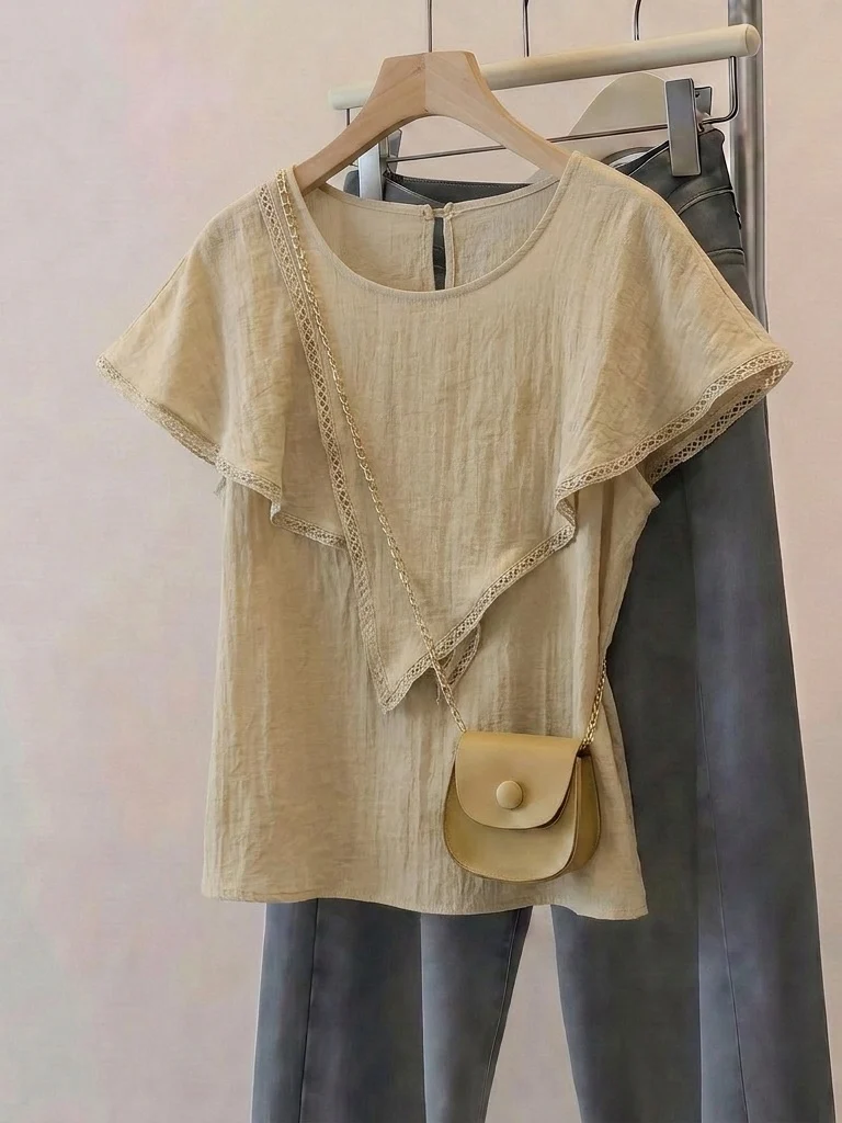 Khaki Color Ruffle Shoulder Short Sleeve Shirt Women's Summer New plus Size Elegant Commuting Top Korean Style Loose Fit
Khaki Color Ruffle Shoulder Short Sleeve Shirt Women's Summer New plus Size Elegant Commuting Top Korean Style Loose Fit