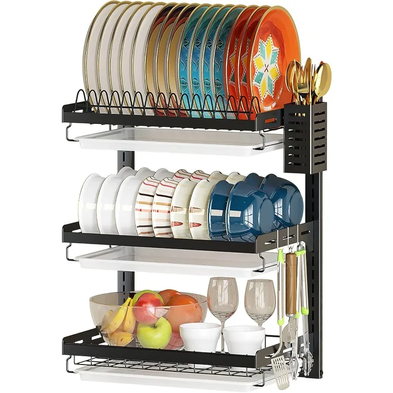 Wall Mounted Dish Drying Rack, 3 Tier Stainless Steel Hanging Dish Drainer with Cutlery Holder, Drainboard and Hooks
Wall Mounted Dish Drying Rack, 3 Tier Stainless Steel Hanging Dish Drainer with Cutlery Holder, Drainboard and Hooks
