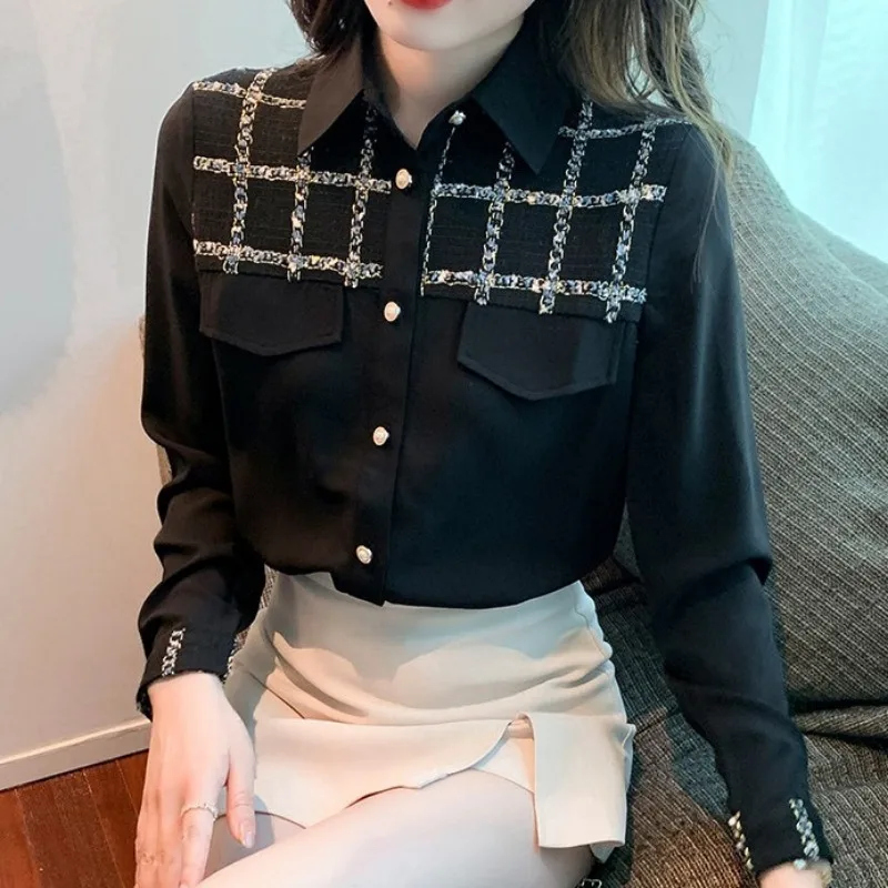 Tweed Patchwork Chiffon Shirt Women French Chic Lapel Single Breasted Design Top Elegant Office Lady Long Sleeve Blouse
Tweed Patchwork Chiffon Shirt Women French Chic Lapel Single Breasted Design Top Elegant Office Lady Long Sleeve Blouse