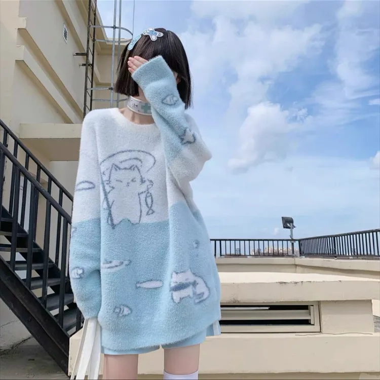 Harajuku Cute Cat Fishing O-neck Knitted Tops Women 2025 Autumn New Sweaters Mujer Y2k Long Sleeve Loose Blue Pullovers
Harajuku Cute Cat Fishing O-neck Knitted Tops Women 2025 Autumn New Sweaters Mujer Y2k Long Sleeve Loose Blue Pullovers