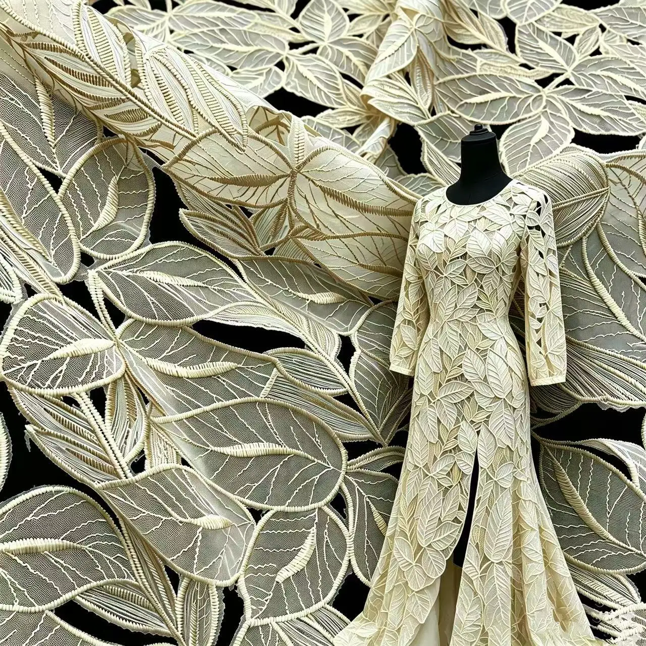 French high-quality water-soluble leaf double-layered chiffon dress with openwork gold thread and openwork embroidery fabric
French high-quality water-soluble leaf double-layered chiffon dress with openwork gold thread and openwork embroidery fabric