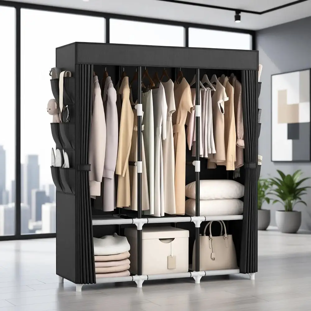 Sturdy Metal Portable Closet with 3 Hanging Bars, 6 Shelves, Cover, and Side Pockets - Black
Sturdy Metal Portable Closet with 3 Hanging Bars, 6 Shelves, Cover, and Side Pockets - Black