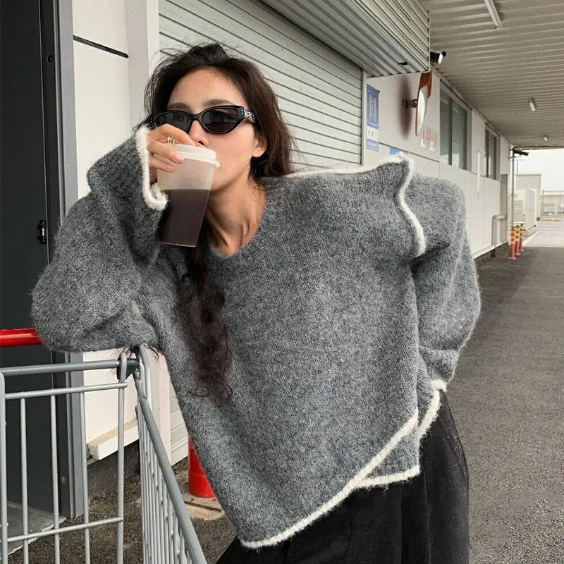 Korea Irregular Contrasting Color Knitted Sweater Women Loose Lazy Casual Versatile Design Round Neck Long-Sleeved Pullover Top
Korea Irregular Contrasting Color Knitted Sweater Women Loose Lazy Casual Versatile Design Round Neck Long-Sleeved Pullover Top