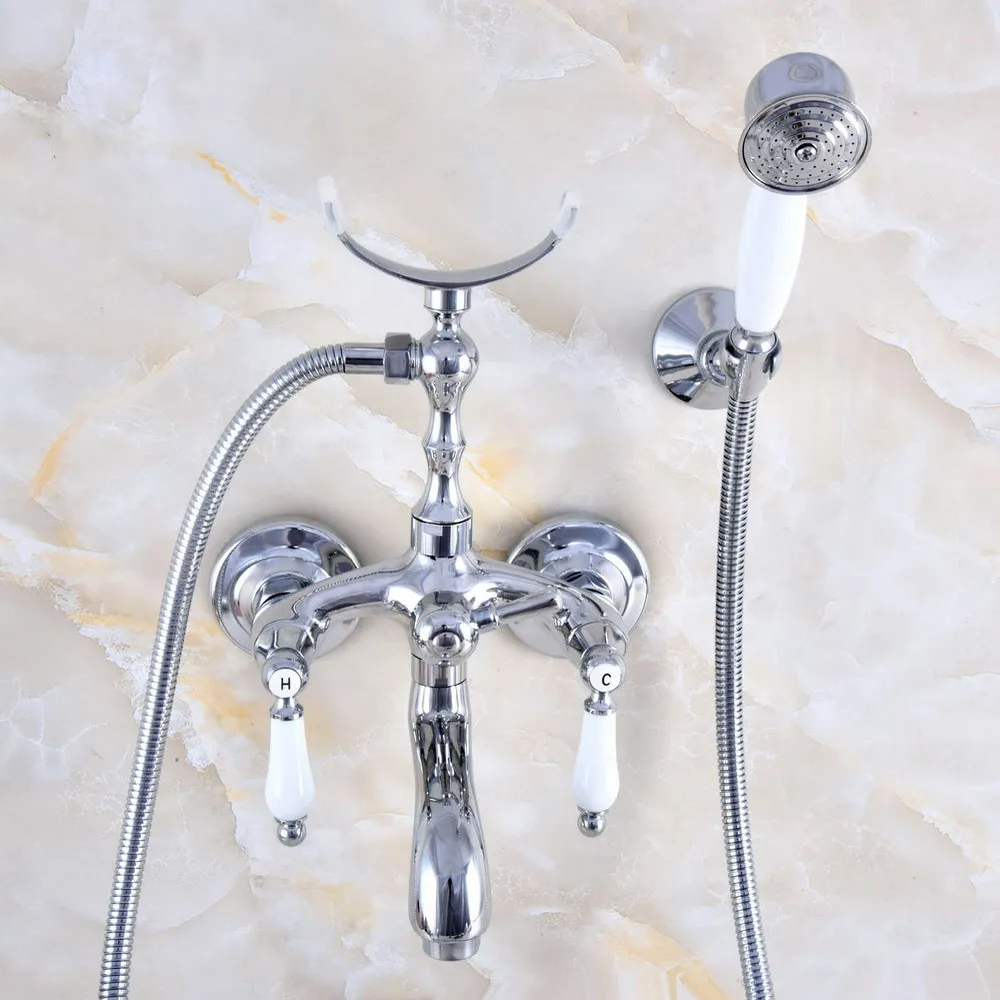 Silver Chrome Brass Double Handle Wall Mounted Bathroom Tub Faucet Set with 1.5M Hand Held Shower Spray Mixer Tap 2na755
Silver Chrome Brass Double Handle Wall Mounted Bathroom Tub Faucet Set with 1.5M Hand Held Shower Spray Mixer Tap 2na755