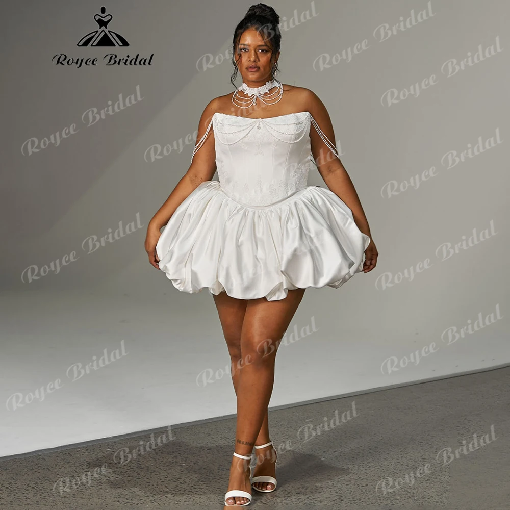 Plus Size Strapless Satin Mini Wedding Dress Corset Bodice with Removable Pearl Chain Straps Puffball Bridal Dress Customized
Plus Size Strapless Satin Mini Wedding Dress Corset Bodice with Removable Pearl Chain Straps Puffball Bridal Dress Customized