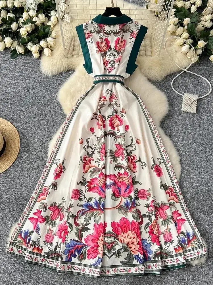 NEW 2025 Summer Contrast Flower Sleeveless Boho Long Dress Women Notched Belt Single Breasted Tank Beach Party Robe Vestidos
NEW 2025 Summer Contrast Flower Sleeveless Boho Long Dress Women Notched Belt Single Breasted Tank Beach Party Robe Vestidos
