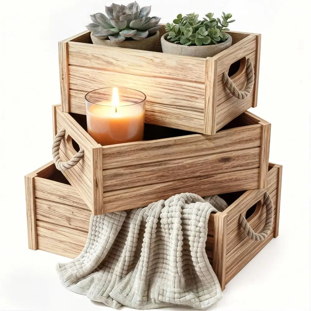 Rustic Wooden Crate Set of 3 for Home Organization and Storage - Farmhouse Decorative Wooden Boxes for Kitchen, Living Room, Bat
Rustic Wooden Crate Set of 3 for Home Organization and Storage - Farmhouse Decorative Wooden Boxes for Kitchen, Living Room, Bat