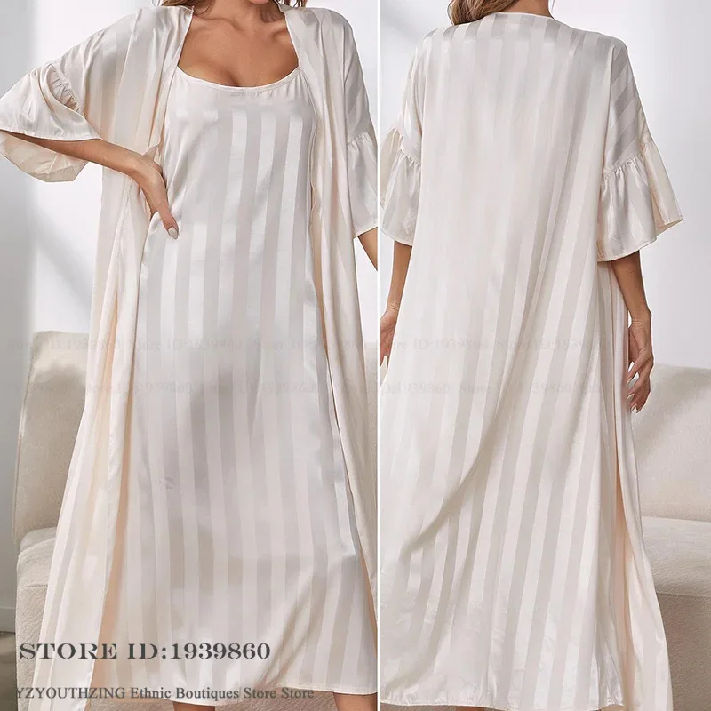 New Female Long Twinset Robe Set Nightgown White Stripe Kimono Bathrobe Gown Negligee Sexy Ice Silk Sleepwear Intimate Lingerie
New Female Long Twinset Robe Set Nightgown White Stripe Kimono Bathrobe Gown Negligee Sexy Ice Silk Sleepwear Intimate Lingerie