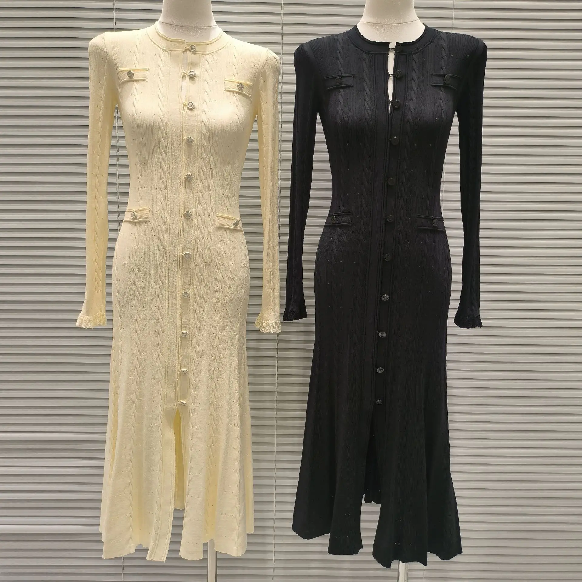 Elegant Hollow out Long Sleeve Knitted Dress Single Button High End Version Fashionable Design Sensation Women's Gown
Elegant Hollow out Long Sleeve Knitted Dress Single Button High End Version Fashionable Design Sensation Women's Gown