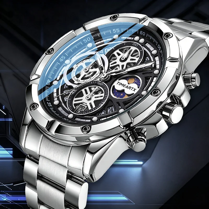 TIMEARTX Men's Watch Luxury Quartz Watch Stainless Steel Strap Moon Phase Multi-Color Dial Business Waterproof Watch
TIMEARTX Men's Watch Luxury Quartz Watch Stainless Steel Strap Moon Phase Multi-Color Dial Business Waterproof Watch