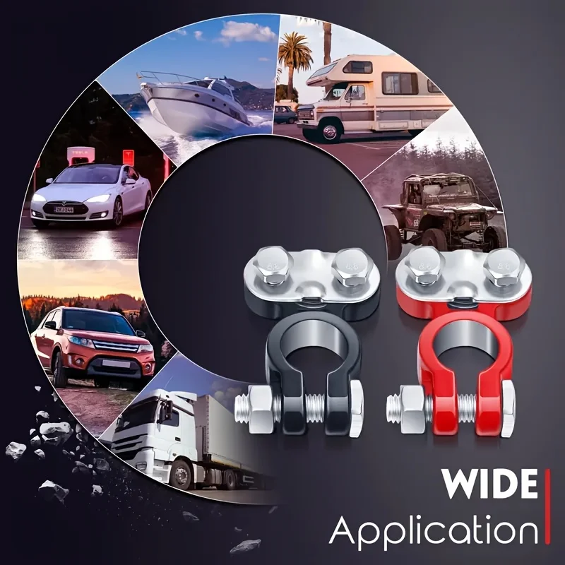 2 sets of aluminum alloy battery clamps for car batteries, including battery connectors and black and red terminal studs
2 sets of aluminum alloy battery clamps for car batteries, including battery connectors and black and red terminal studs