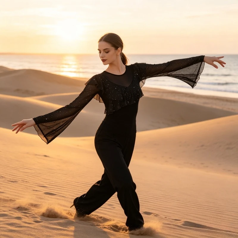 Adult Women's Glitter Mesh Ruffle Flared Sleeves Dance Tops Latin Dance Training Clothes Body Training Daily Practice Tops
Adult Women's Glitter Mesh Ruffle Flared Sleeves Dance Tops Latin Dance Training Clothes Body Training Daily Practice Tops