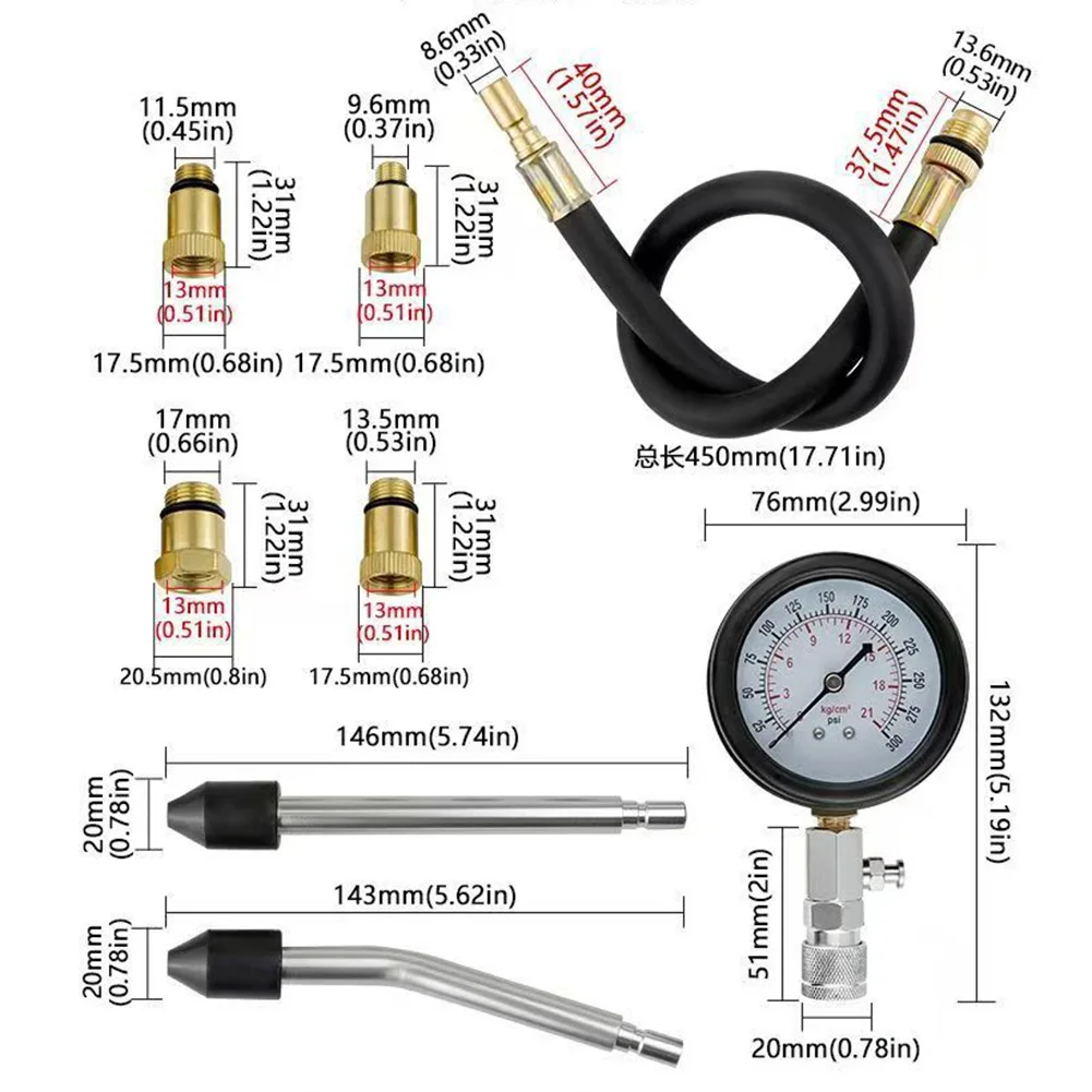 Cylinder Pressure Test Kit 0 to 300 PSI 0 to 20 Bar High Accuracy Gauge with Rubber Hose and M10 Metric Adapters
Cylinder Pressure Test Kit 0 to 300 PSI 0 to 20 Bar High Accuracy Gauge with Rubber Hose and M10 Metric Adapters