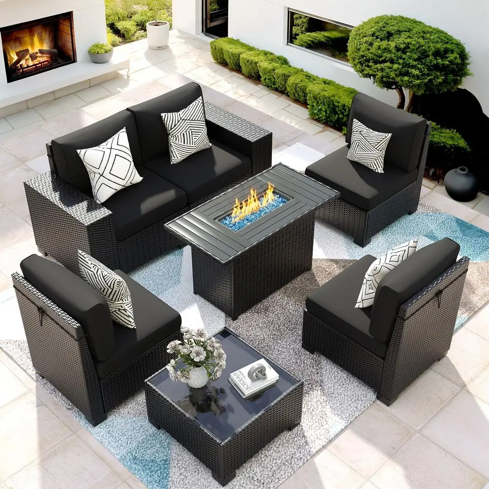Piece Patio Furniture Set with Fire Pit Table, Outdoor Sectional Conversation Sets Black Wicker Rattan Sofa with Coffee Table f
Piece Patio Furniture Set with Fire Pit Table, Outdoor Sectional Conversation Sets Black Wicker Rattan Sofa with Coffee Table f