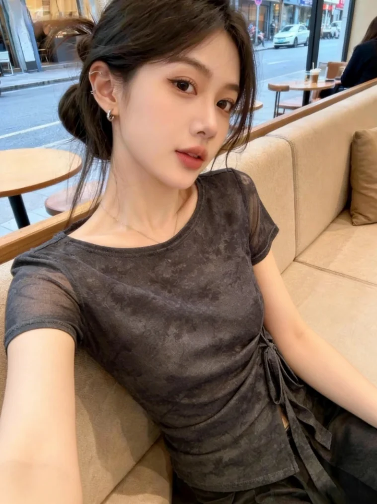 Summer New Design Thin Short Sleeve T-Shirt Women's Korean Style Belted Mesh Top Waist-Cinching Tie-Back Breathable Shirt
Summer New Design Thin Short Sleeve T-Shirt Women's Korean Style Belted Mesh Top Waist-Cinching Tie-Back Breathable Shirt