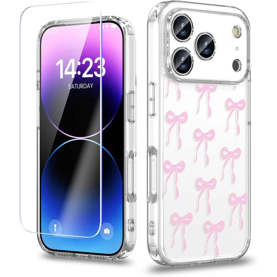 Slim Clear Phone Case Compatible with iPhone 17 Pro Max 6.9 Inch for Women Girl with Cute Pink Bow Patterns and Screen Protecto
Slim Clear Phone Case Compatible with iPhone 17 Pro Max 6.9 Inch for Women Girl with Cute Pink Bow Patterns and Screen Protecto