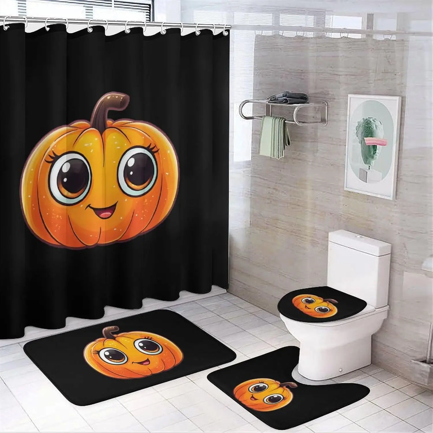 Наборы для ванной комнаты с милой тыквой на Хэллоуин, занавеской для душа и ковриками, состоящие из 4 предметов с U-образным напольным ковриком, крышка крышки унитаза
Наборы для ванной комнаты с милой тыквой на Хэллоуин, занавеской для душа и ковриками, состоящие из 4 предметов с U-образным напольным ковриком, крышка крышки унитаза
