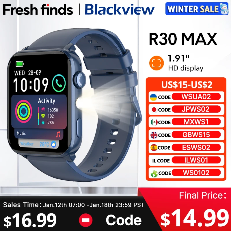 【World premiere】Blackview R30 Max Smartwatch 1.91" Flashlight Bluetooth Phone Call Al Voice Assistant 350mAh Sports watch
【World premiere】Blackview R30 Max Smartwatch 1.91" Flashlight Bluetooth Phone Call Al Voice Assistant 350mAh Sports watch
