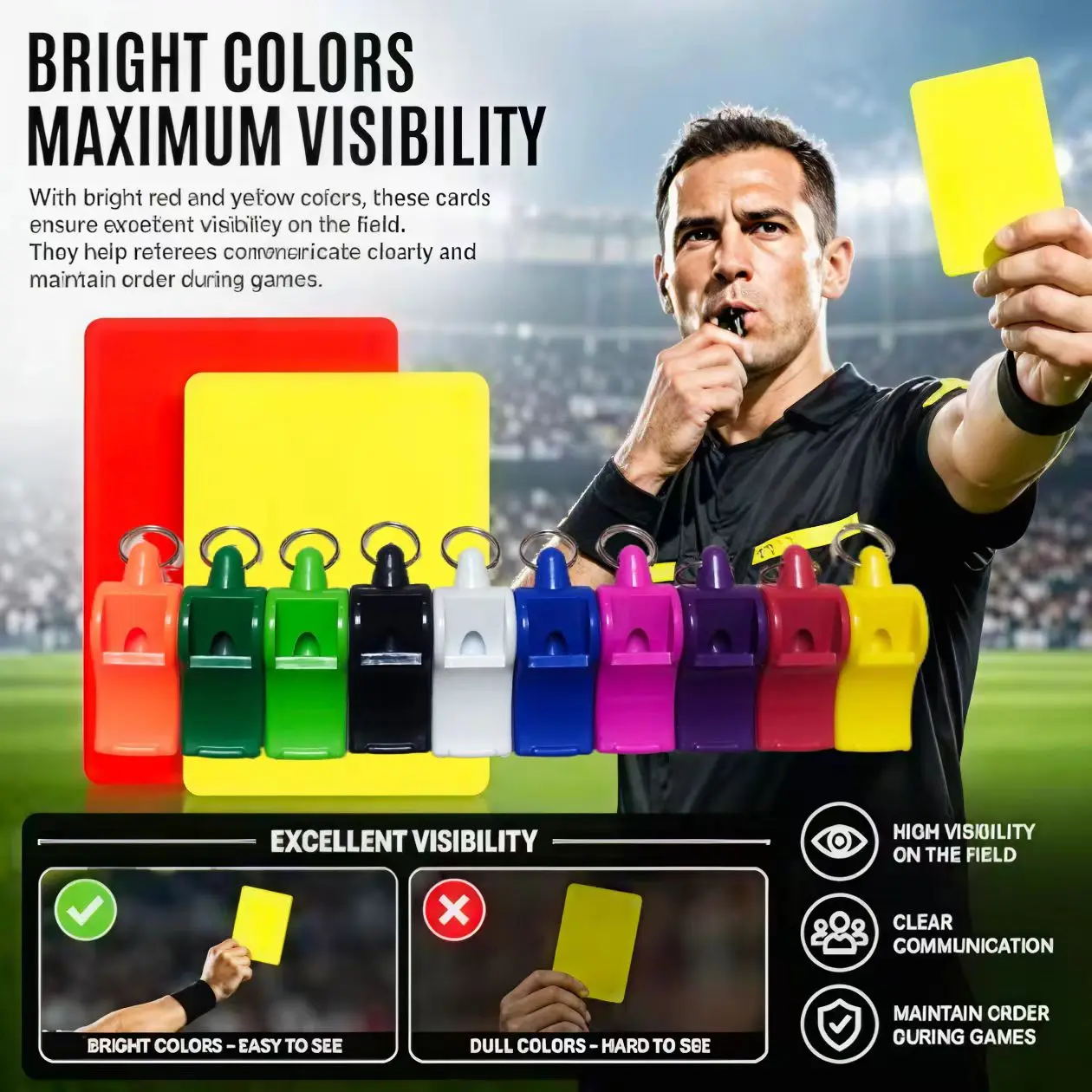 Referee's Scorecard with Red And Yellow Cards Official Whistle for Sports Game Management
Referee's Scorecard with Red And Yellow Cards Official Whistle for Sports Game Management