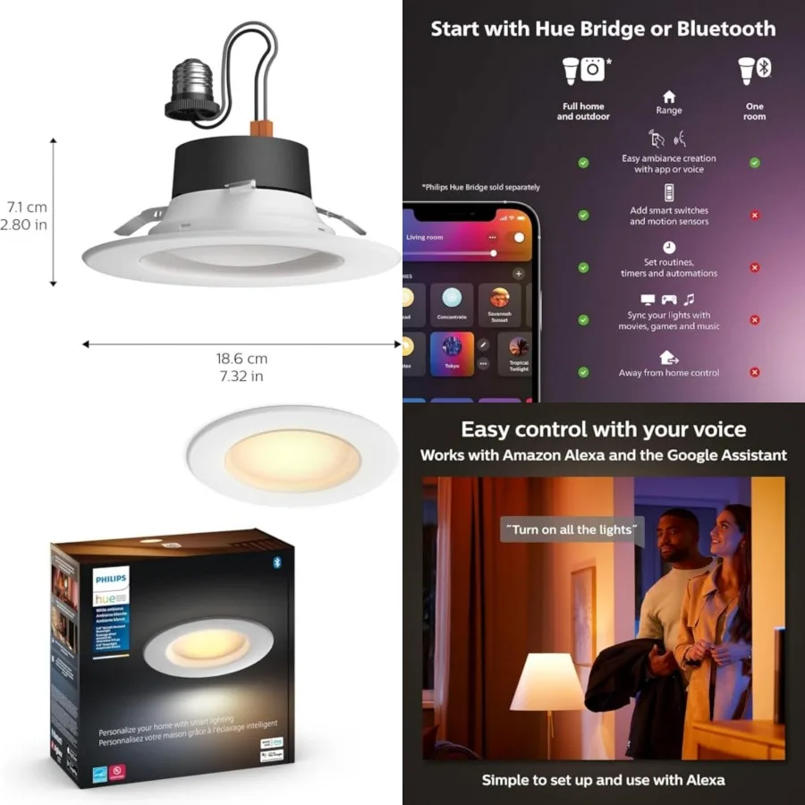 Smart Retrofit Recessed Lighting 4 inch - Warm-to-Cool Light - - 850LM - Indoor - Control with Hue App - Works with Alexa, Goog
Smart Retrofit Recessed Lighting 4 inch - Warm-to-Cool Light - - 850LM - Indoor - Control with Hue App - Works with Alexa, Goog