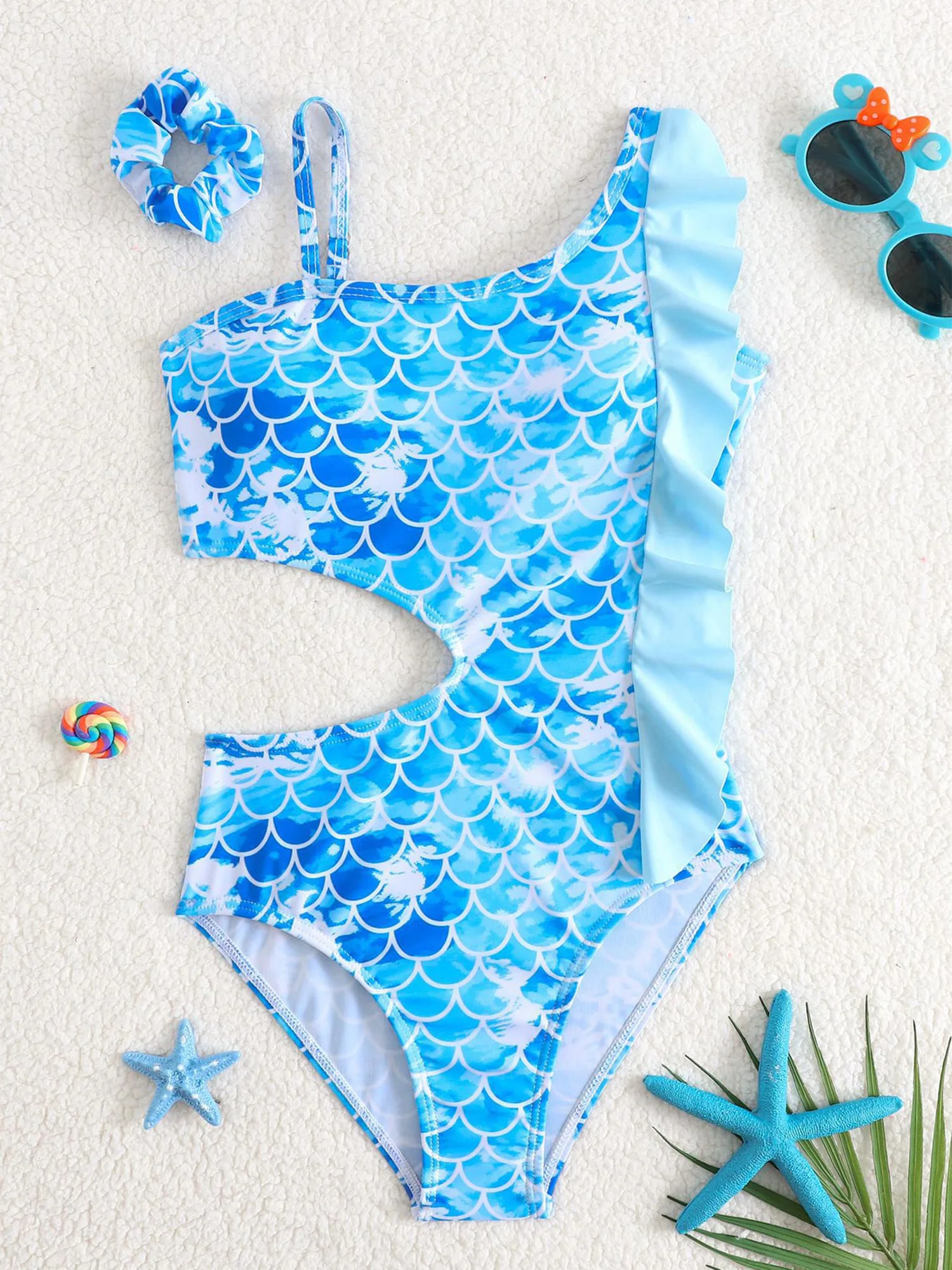 Girls One Piece Mermaid Bathing Suits Adjustable Strap Sleeveless Waist Cutout Design Ruffle Chest Pad Swimwear with Hairtie
Girls One Piece Mermaid Bathing Suits Adjustable Strap Sleeveless Waist Cutout Design Ruffle Chest Pad Swimwear with Hairtie