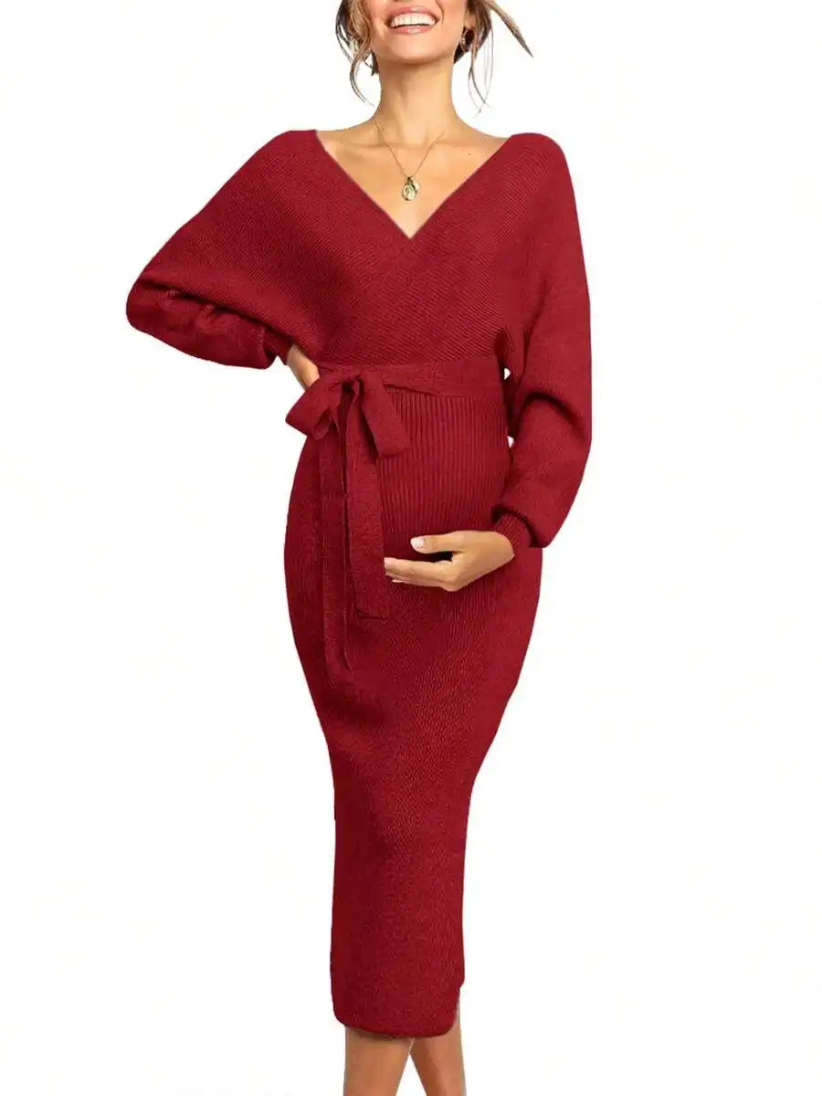 Вязаное платье для беременных с V-образным вырезом, длинными рукавами и поясом на завязках
Вязаное платье для беременных с V-образным вырезом, длинными рукавами и поясом на завязках