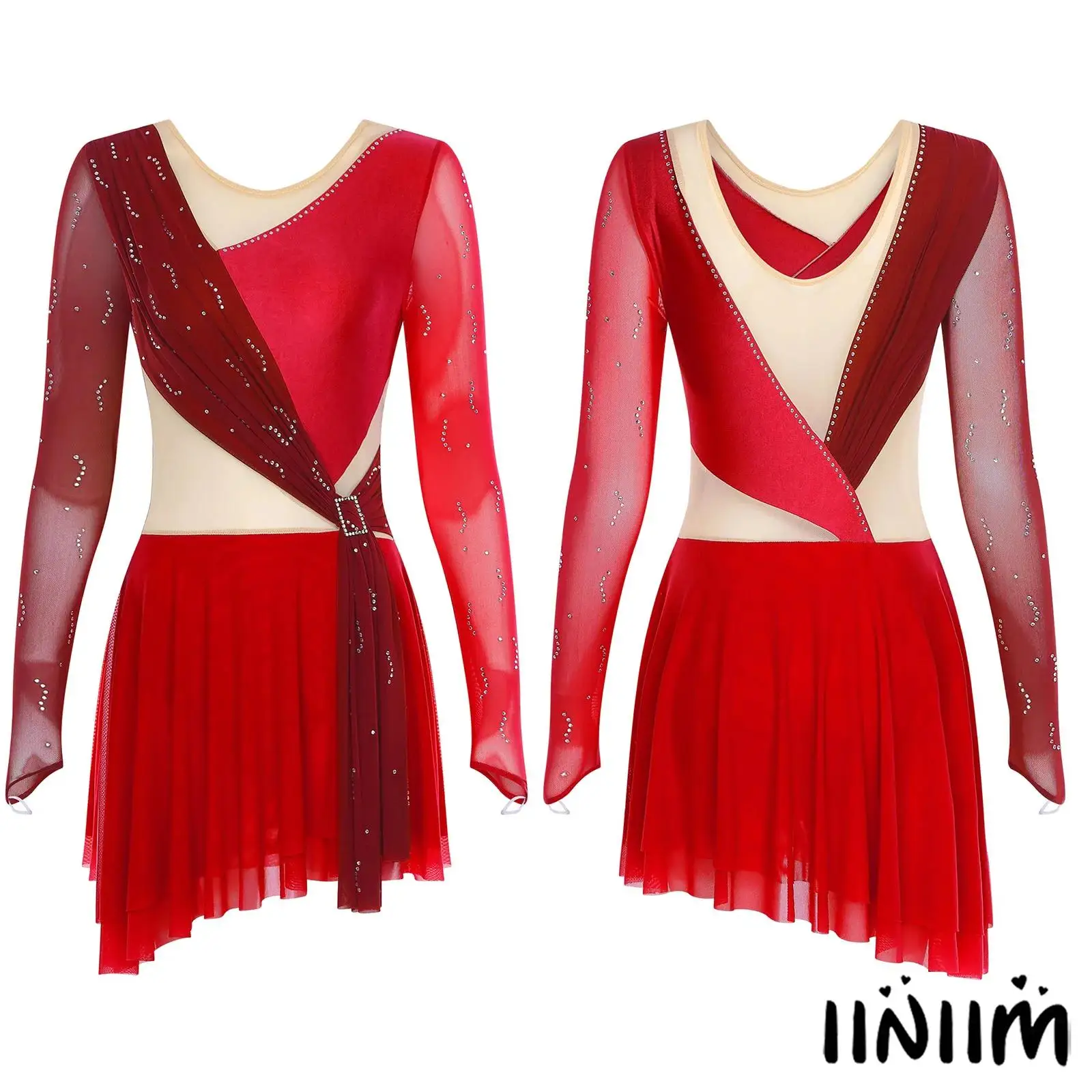 Womens Figure Skating Dress Contrast Color Mesh Rhinestone Long Sleeve Skirted Ballet Gymnastics Stage Performance Leotard Dress
Womens Figure Skating Dress Contrast Color Mesh Rhinestone Long Sleeve Skirted Ballet Gymnastics Stage Performance Leotard Dress