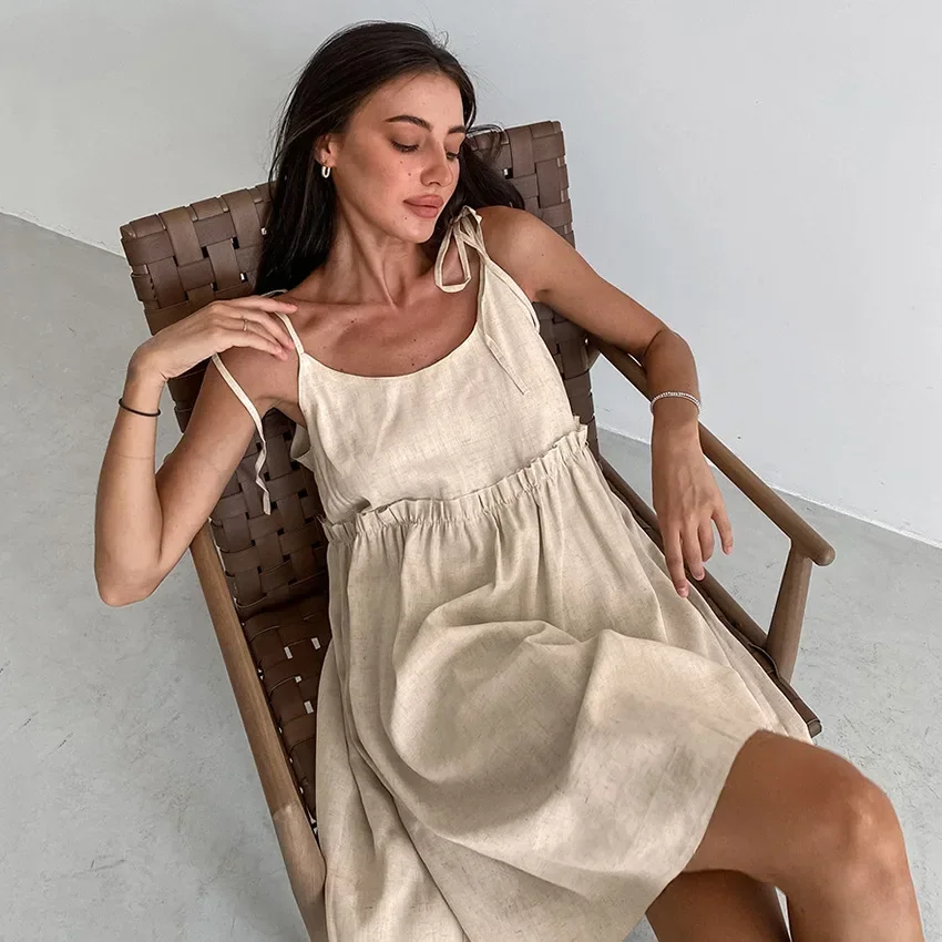 Summer Khaki Linen Dress Women Elegant Spaghetti Strap A-Line Loose Dresses Fashion Ruched Lace-Up Sexy Mini Dresses 2023
Summer Khaki Linen Dress Women Elegant Spaghetti Strap A-Line Loose Dresses Fashion Ruched Lace-Up Sexy Mini Dresses 2023