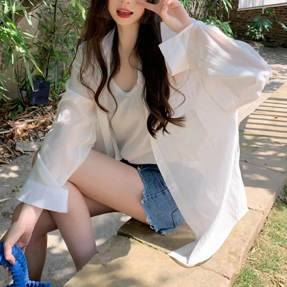 Women Workwear Shirt Loose Fit Mid-length Women's Summer Shirt Lapel Long Sleeve Single Breasted Solid Color Tops for Thin Sun
Women Workwear Shirt Loose Fit Mid-length Women's Summer Shirt Lapel Long Sleeve Single Breasted Solid Color Tops for Thin Sun