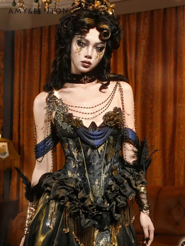 Retro Graceful Tassels High Sense Heavy Industry Gilt Classical European Fishbone Corset Mesh Skirt Gothic Two-piece Set Women
Retro Graceful Tassels High Sense Heavy Industry Gilt Classical European Fishbone Corset Mesh Skirt Gothic Two-piece Set Women