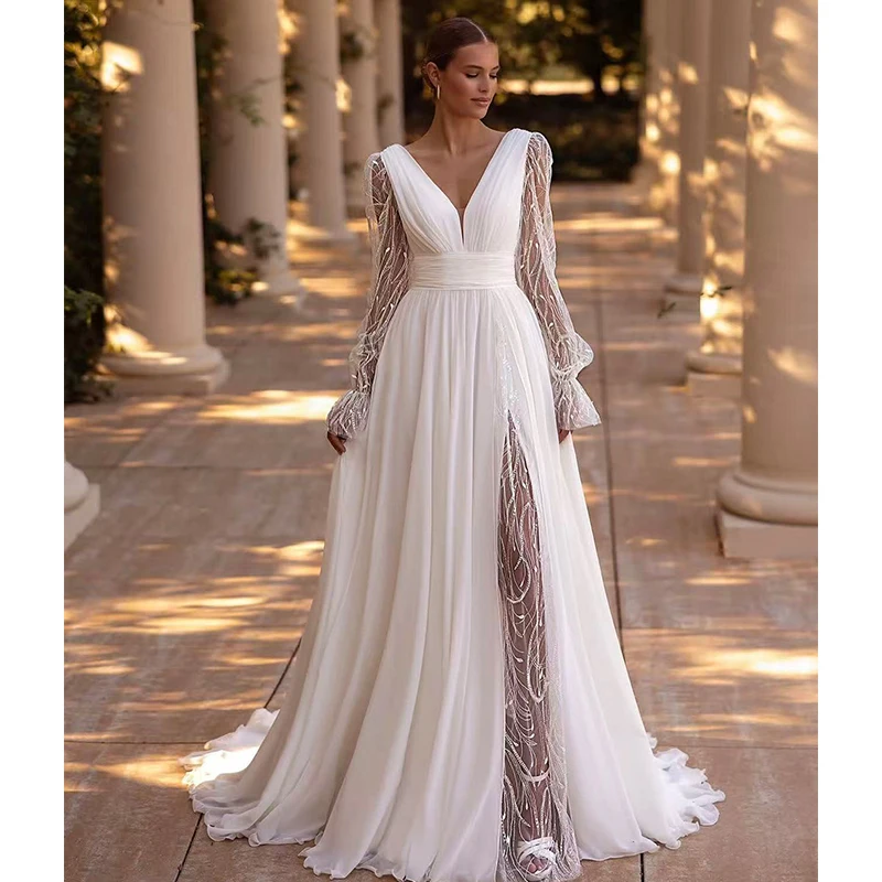 Elegant Wedding Dress Chiffon With Lace A-Line Floor Length Ball Gown Full Sleeve V-Neck Customized Bride Dress Vestido De Novia
Elegant Wedding Dress Chiffon With Lace A-Line Floor Length Ball Gown Full Sleeve V-Neck Customized Bride Dress Vestido De Novia