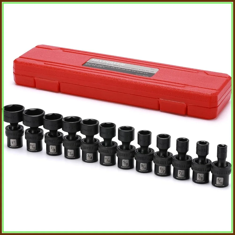 3/8" Drive Shallow Impact Universal Joint Swivel Socket Set, SAE, 5/16"-1", 12 Pieces, Chrome Molybdenum Steel
3/8" Drive Shallow Impact Universal Joint Swivel Socket Set, SAE, 5/16"-1", 12 Pieces, Chrome Molybdenum Steel