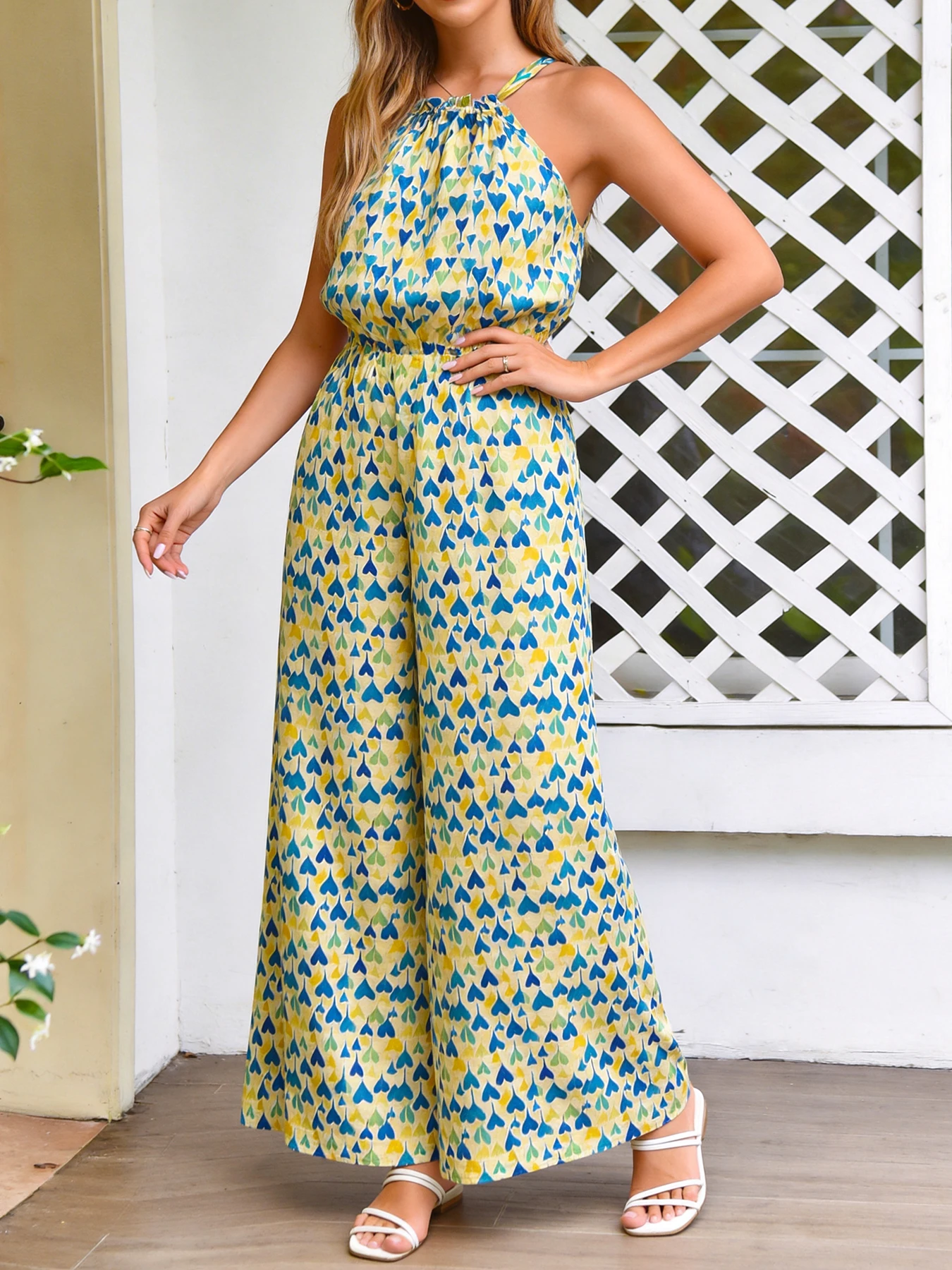Women's Yellow Blue Green Heart Print Halter Jumpsuit Waist-Tie Wide-Leg Resort
Women's Yellow Blue Green Heart Print Halter Jumpsuit Waist-Tie Wide-Leg Resort
