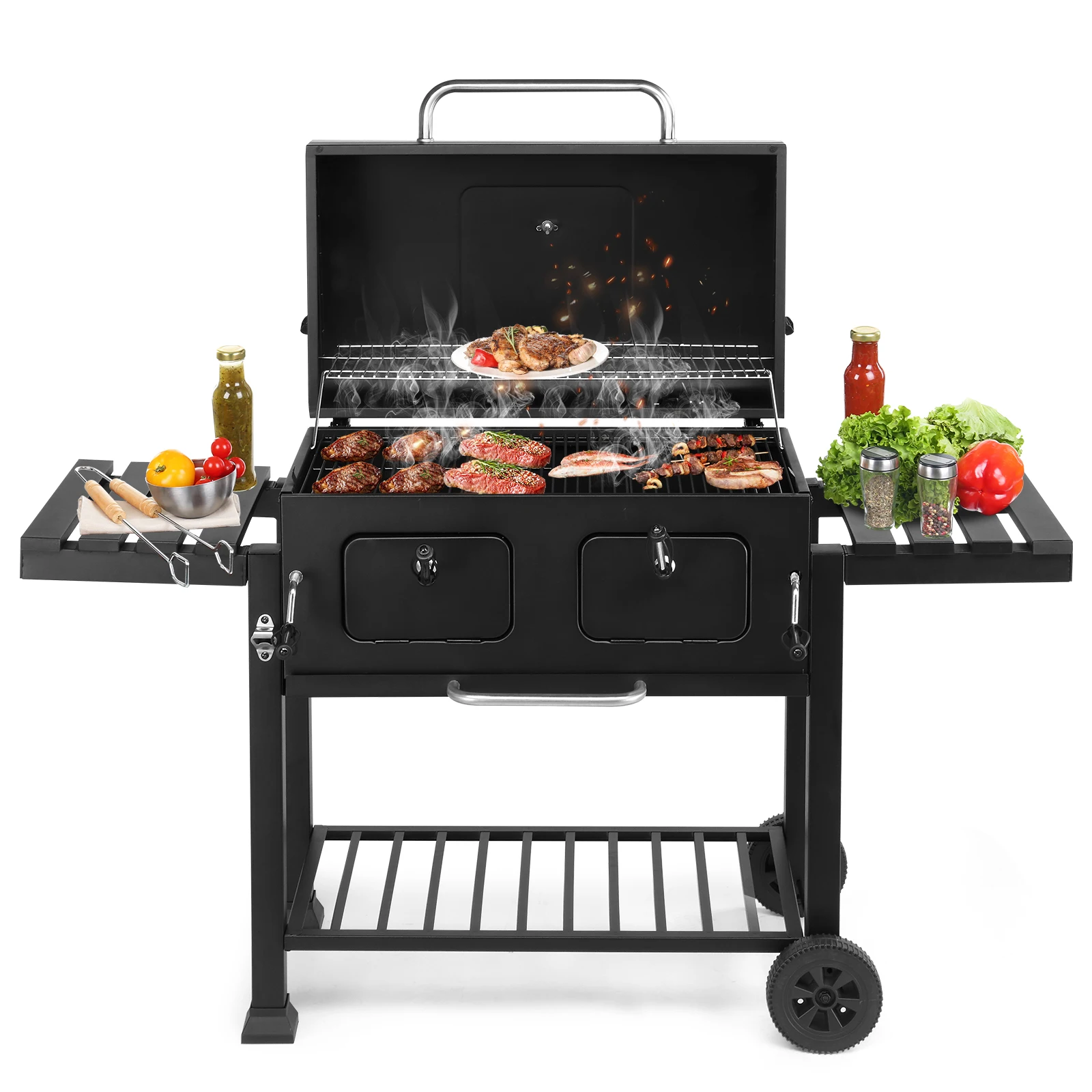 Black Charcoal Grill with Double Door, Foldable Side Shelves, Rolling Cart Design with Wheels, Heavy Duty Iron BBQ Grill for Outdoor Patio Backyard Cooking, Portable Large Capacity Barbecue Smoker with Storage Shelf
Black Charcoal Grill with Double Door, Foldable Side Shelves, Rolling Cart Design with Wheels, Heavy Duty Iron BBQ Grill for Outdoor Patio Backyard Cooking, Portable Large Capacity Barbecue Smoker with Storage Shelf