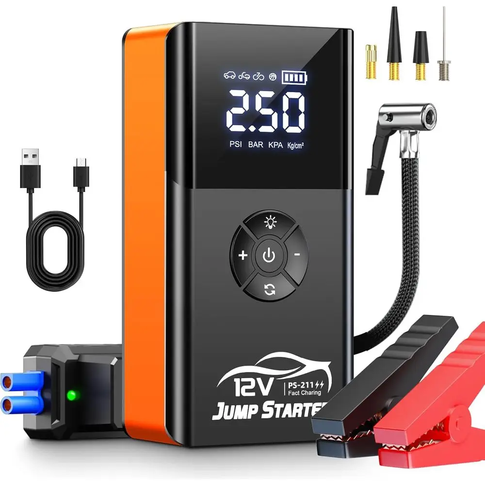 Portable 8000A 180PSI Air Compressor Jump Starter for Gas Cars with LED Lights and Jumper Cables
Portable 8000A 180PSI Air Compressor Jump Starter for Gas Cars with LED Lights and Jumper Cables