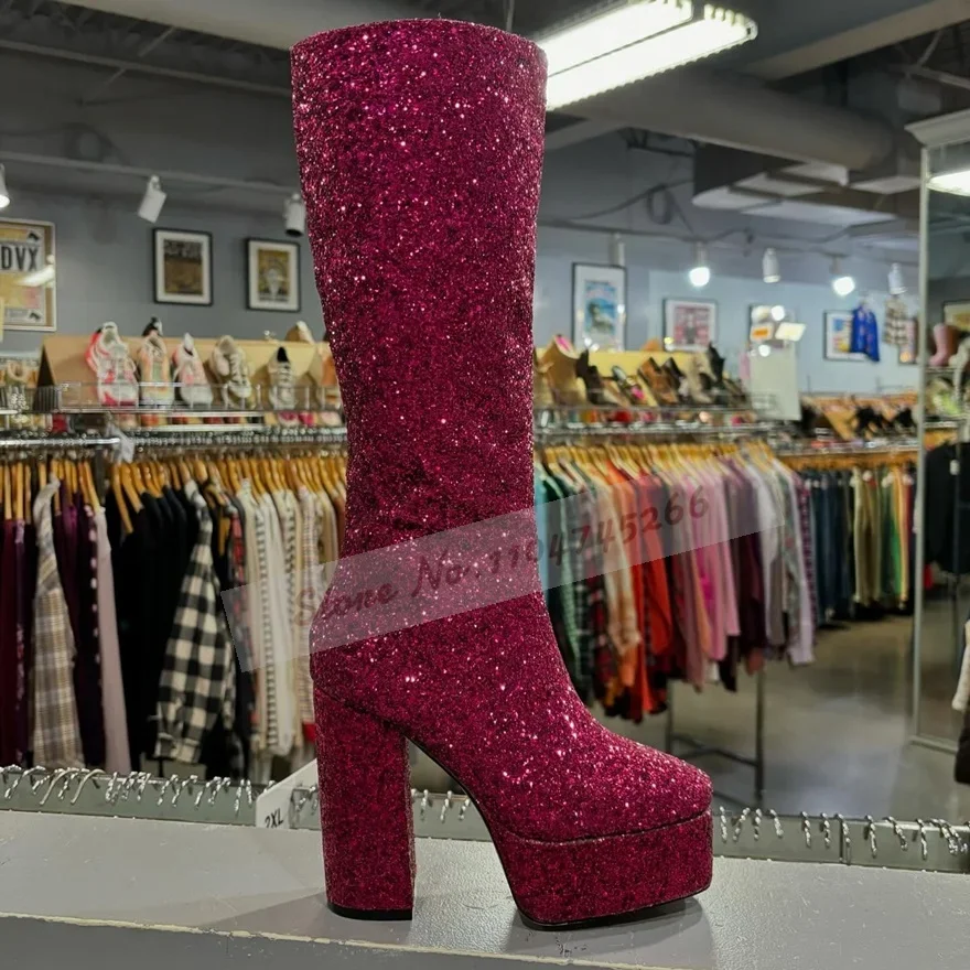 Fuchsia Bling Bling Glitter Chunky Heel Knee Boots Platform Sequined Tall Boots Women Fall Winter Block Heels Long Dress Shoes
Fuchsia Bling Bling Glitter Chunky Heel Knee Boots Platform Sequined Tall Boots Women Fall Winter Block Heels Long Dress Shoes